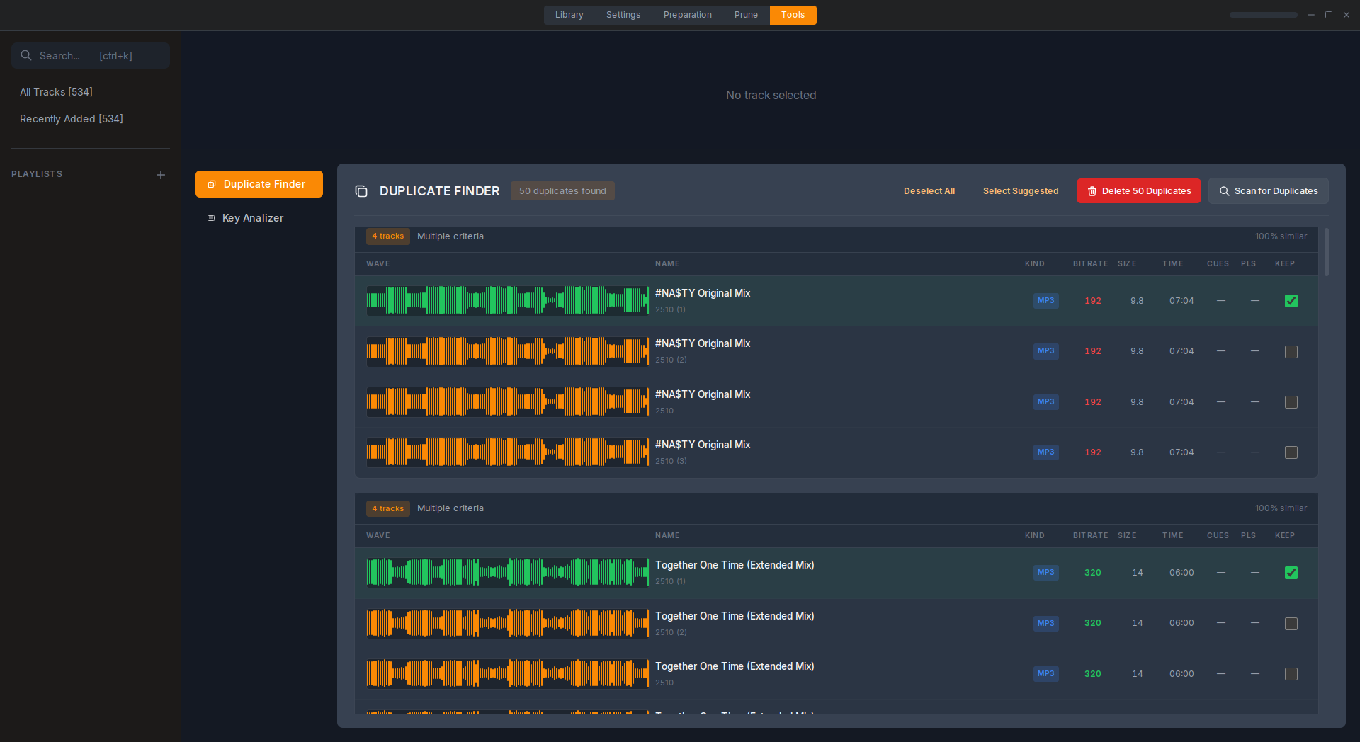 Duplicate finder with side-by-side waveform comparison