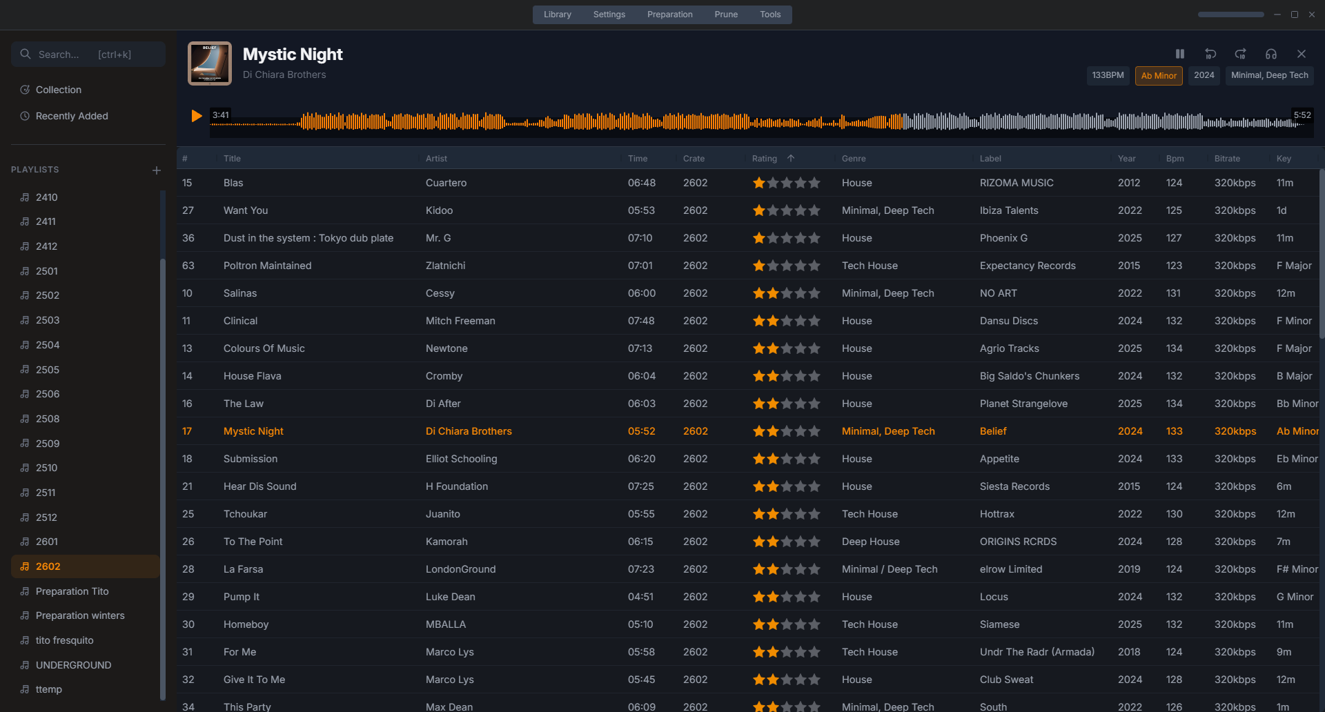 Harmony main screen showing the music library with waveform player