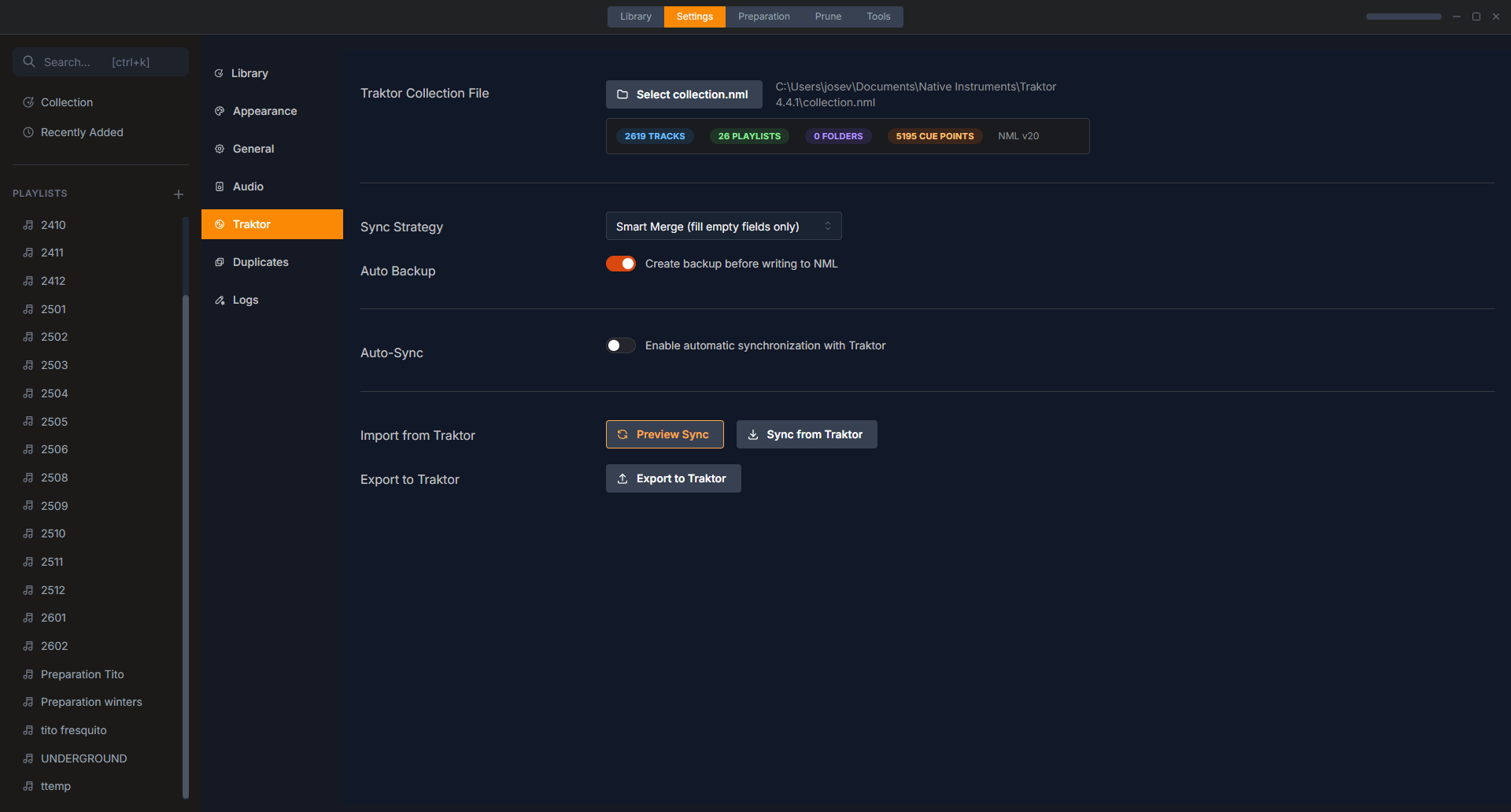 Traktor NML sync settings with merge strategies