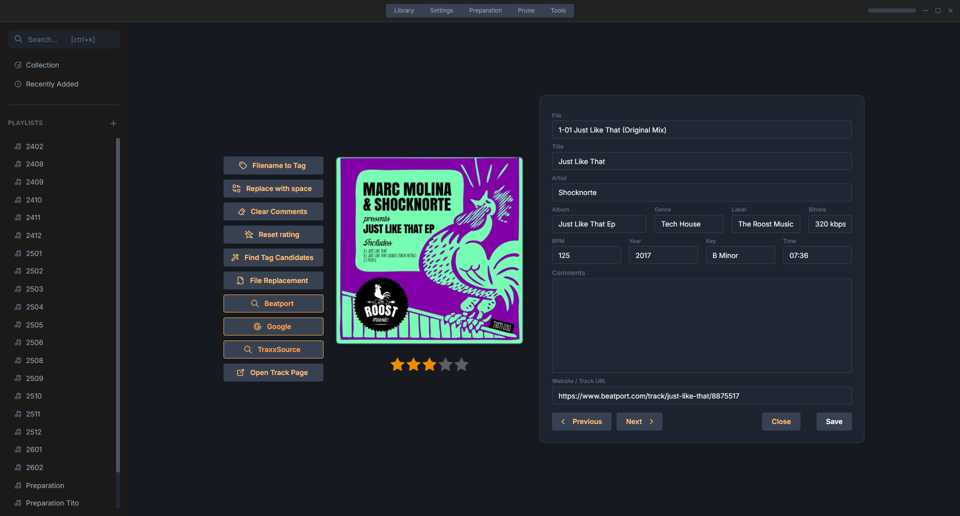 Track metadata editor with cover art and quick actions
