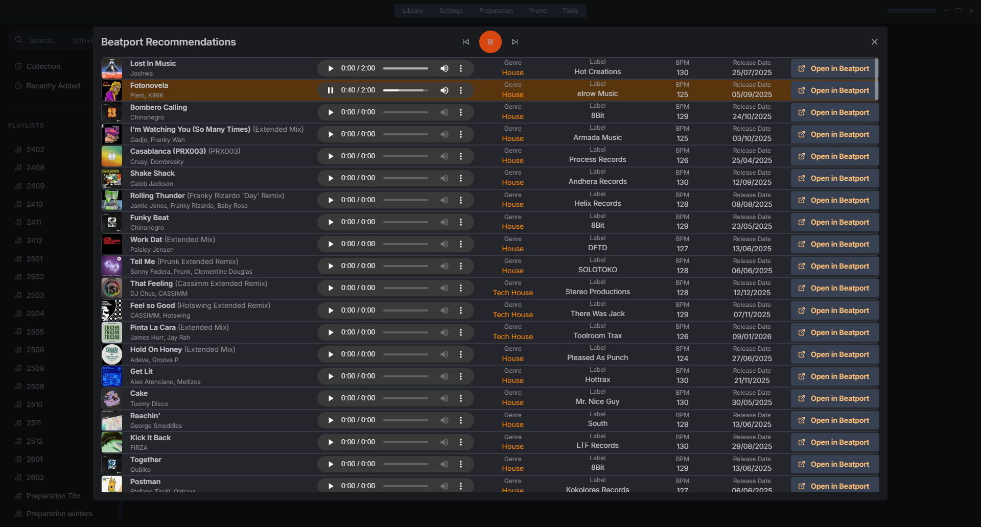 Beatport track recommendations panel